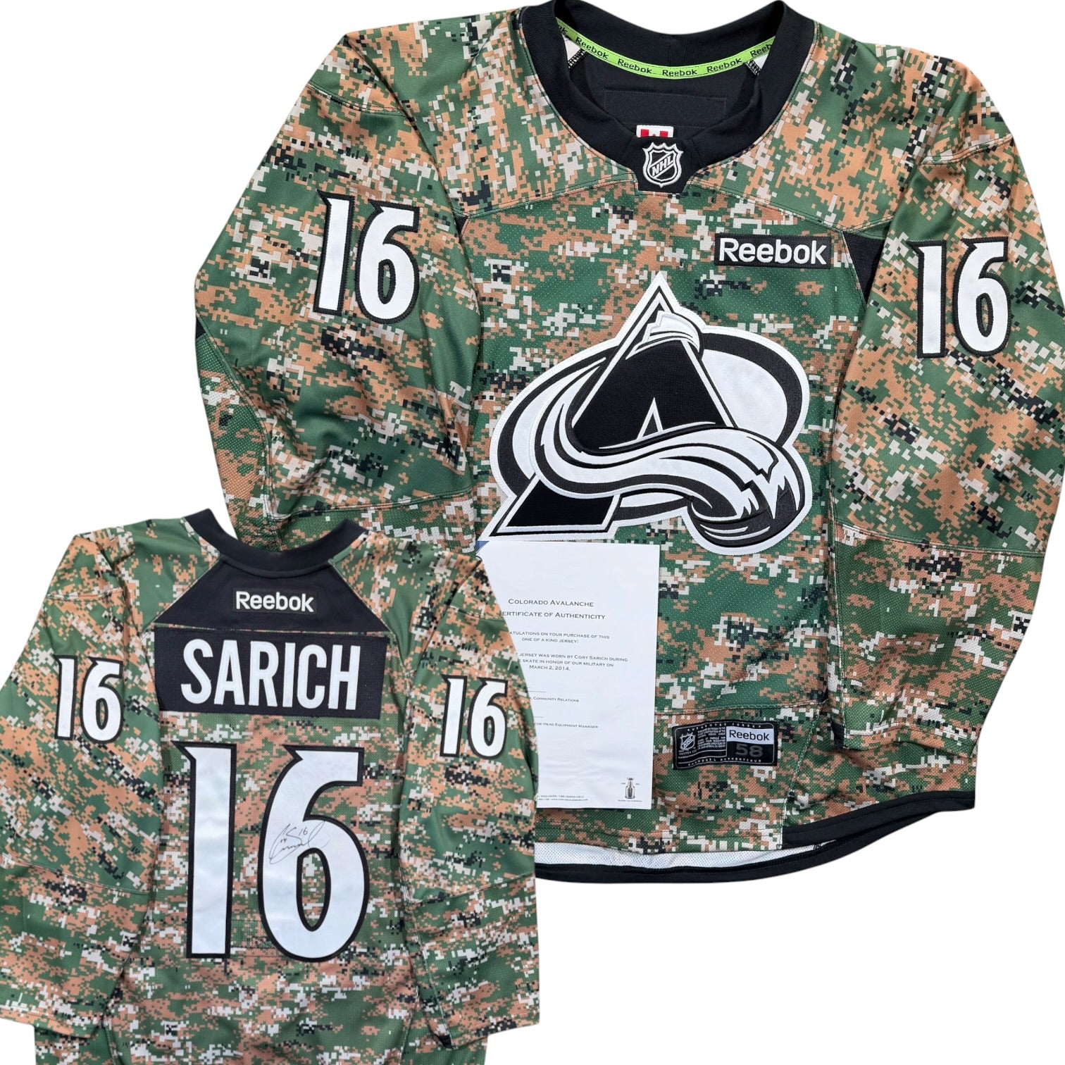 Cory Sarich Colorado Avalanche 2014 Military Appreciation Game Worn NHL Jersey COA