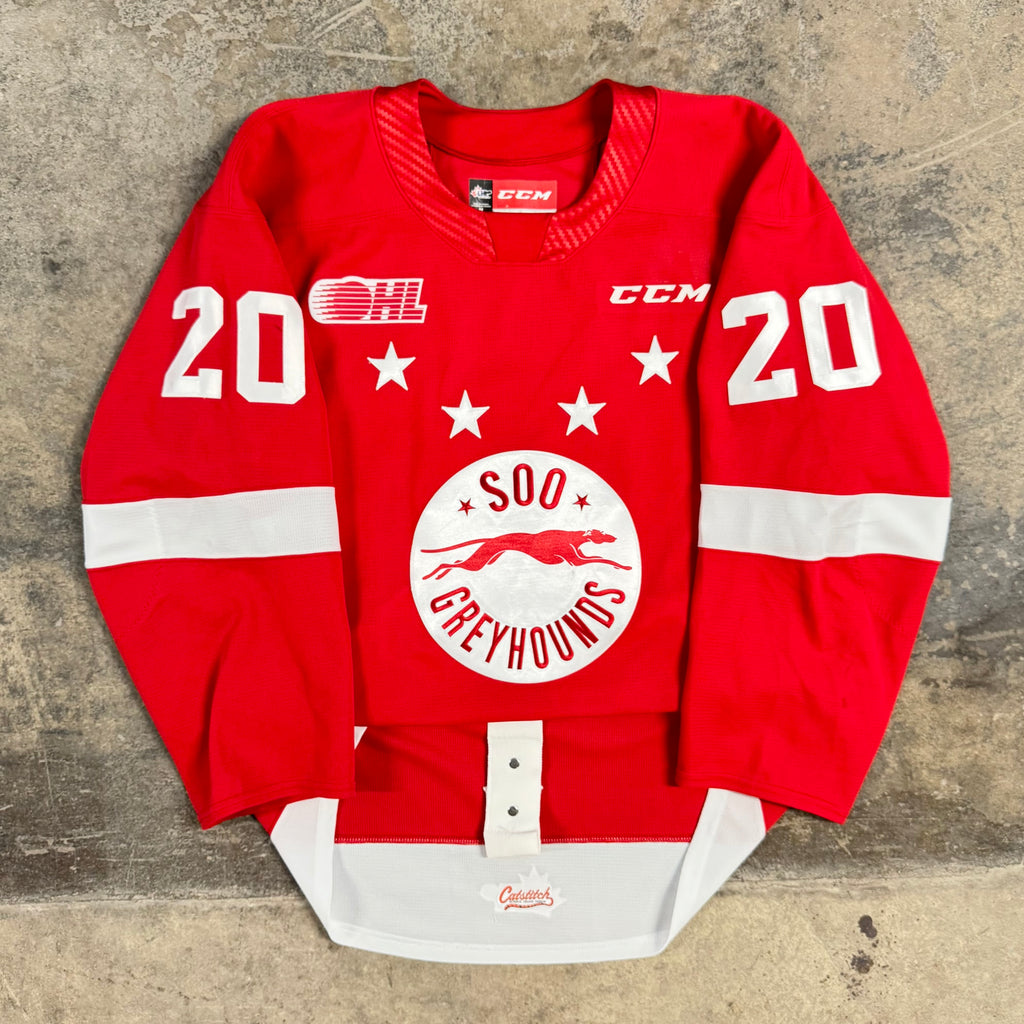Connor Toms Soo Greyhounds Game Worn OHL CCM Hockey Jersey Size 54