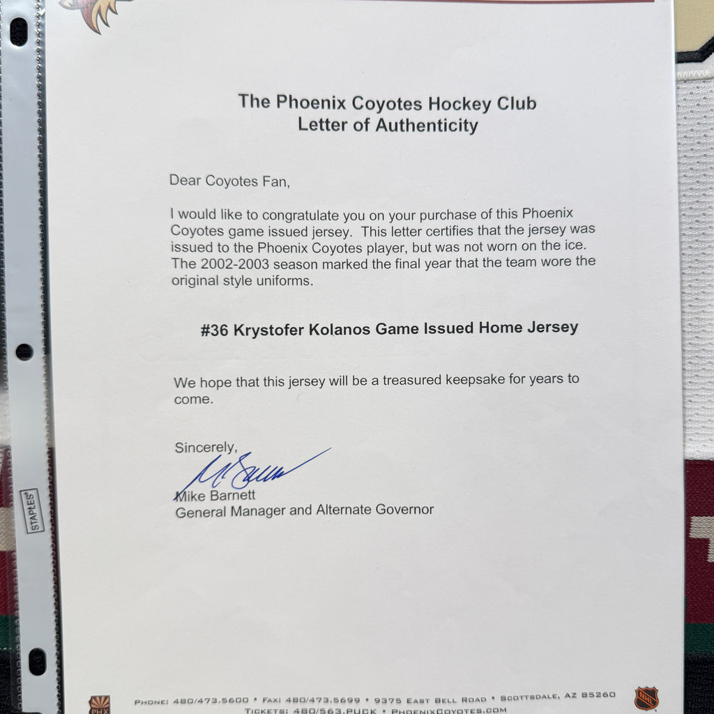 Krys Kolanos Phoenix Coyotes 2002/03 Game Issued CCM NHL Jersey COA