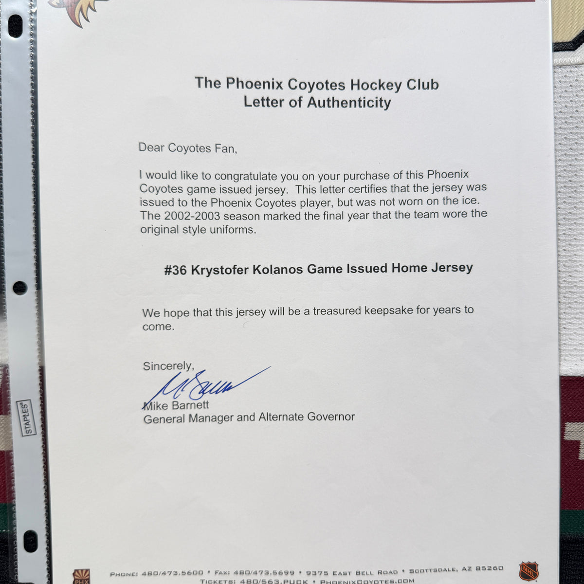Krys Kolanos Phoenix Coyotes 2002/03 Game Issued CCM NHL Jersey COA