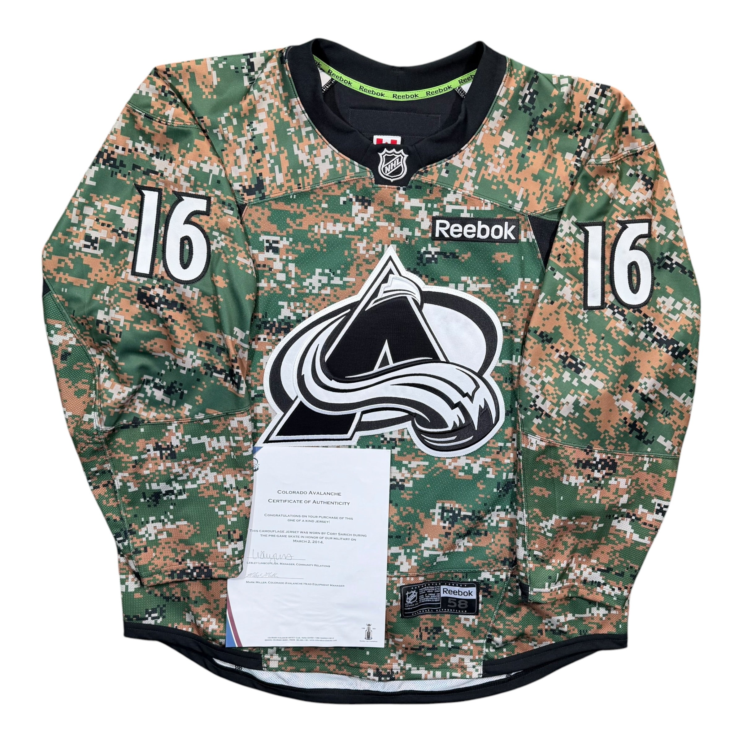 Cory Sarich Colorado Avalanche 2014 Military Appreciation Game Worn NHL Jersey COA