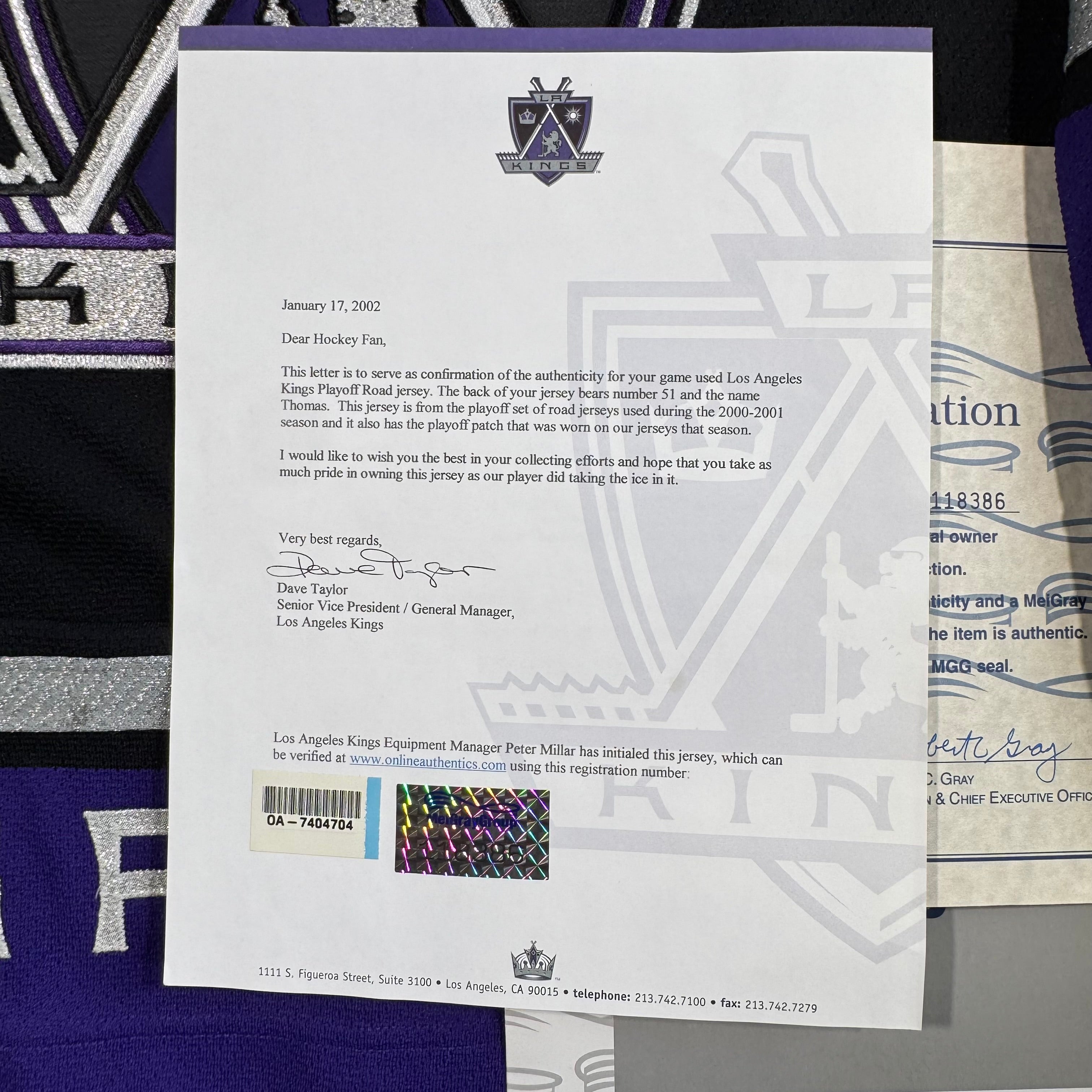 Scott Thomas Los Angeles Kings 2001 Playoff Game Worn NHL Koho Jersey COA