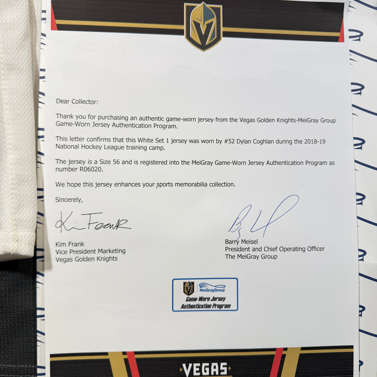 Dylan Coghlan Vegas Golden Knights 2018/19 Pre Season Game Worn Adidas NHL Jersey COA