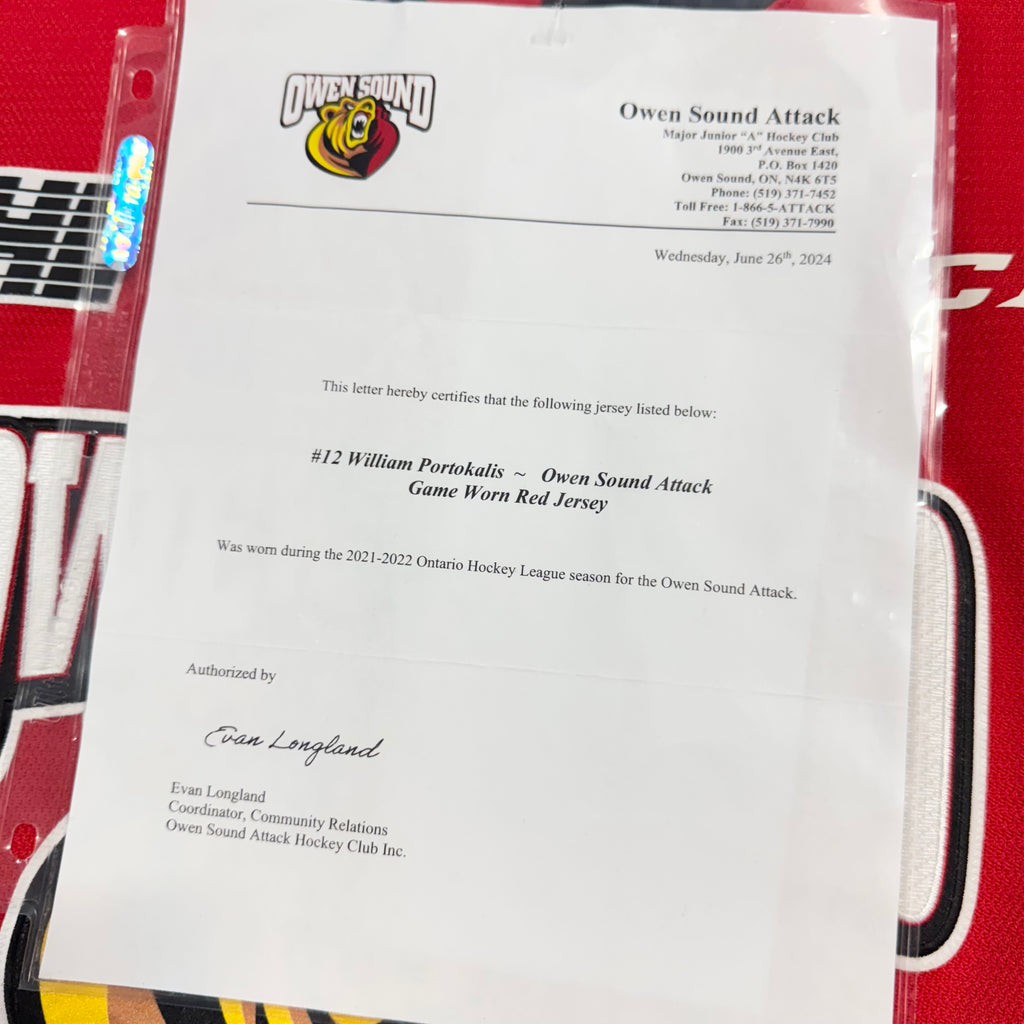 William Portokalis Owen Sound Attack 2021-22 Game Worn OHL CCM Hockey Jersey COA