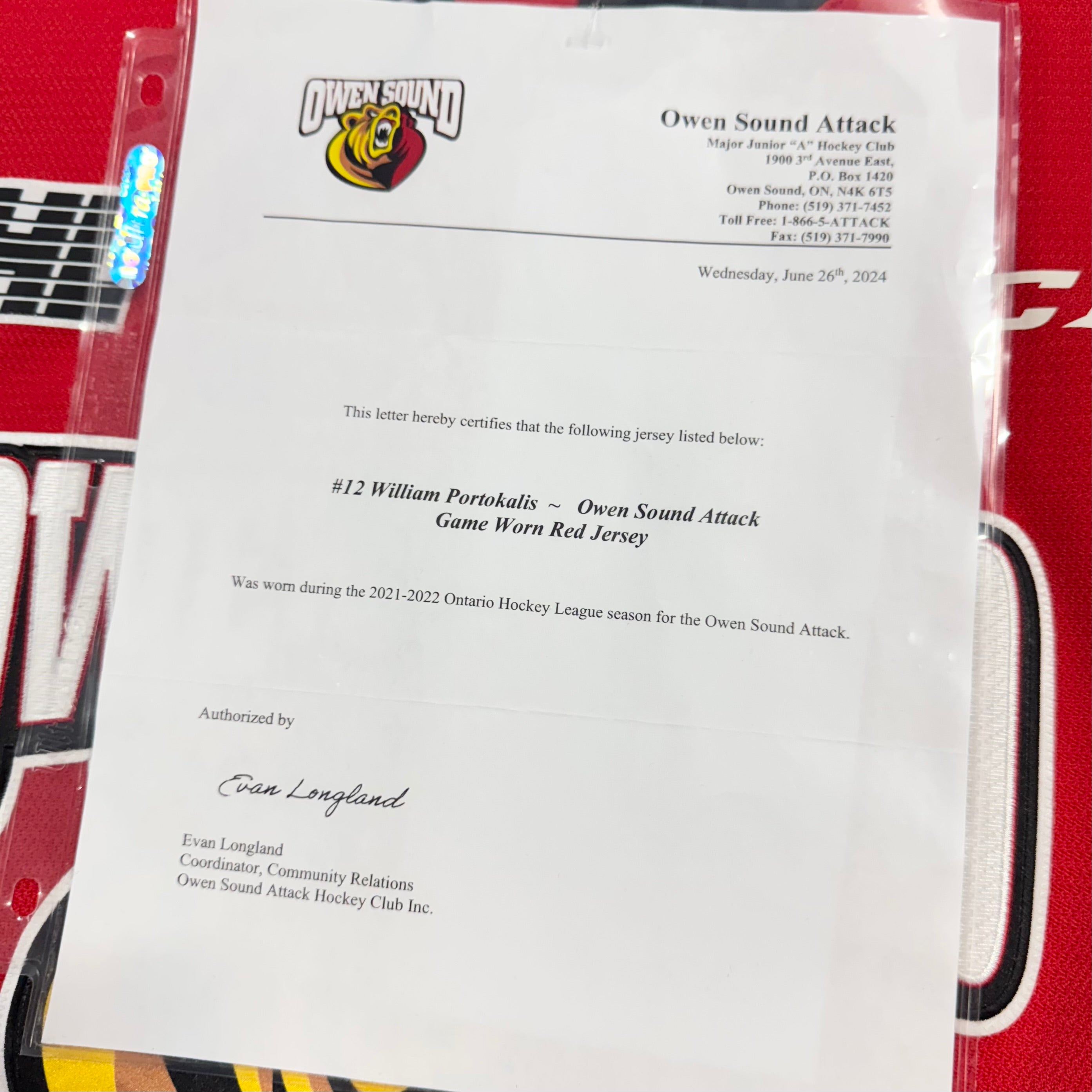 William Portokalis Owen Sound Attack 2021-22 Game Worn OHL CCM Hockey Jersey COA