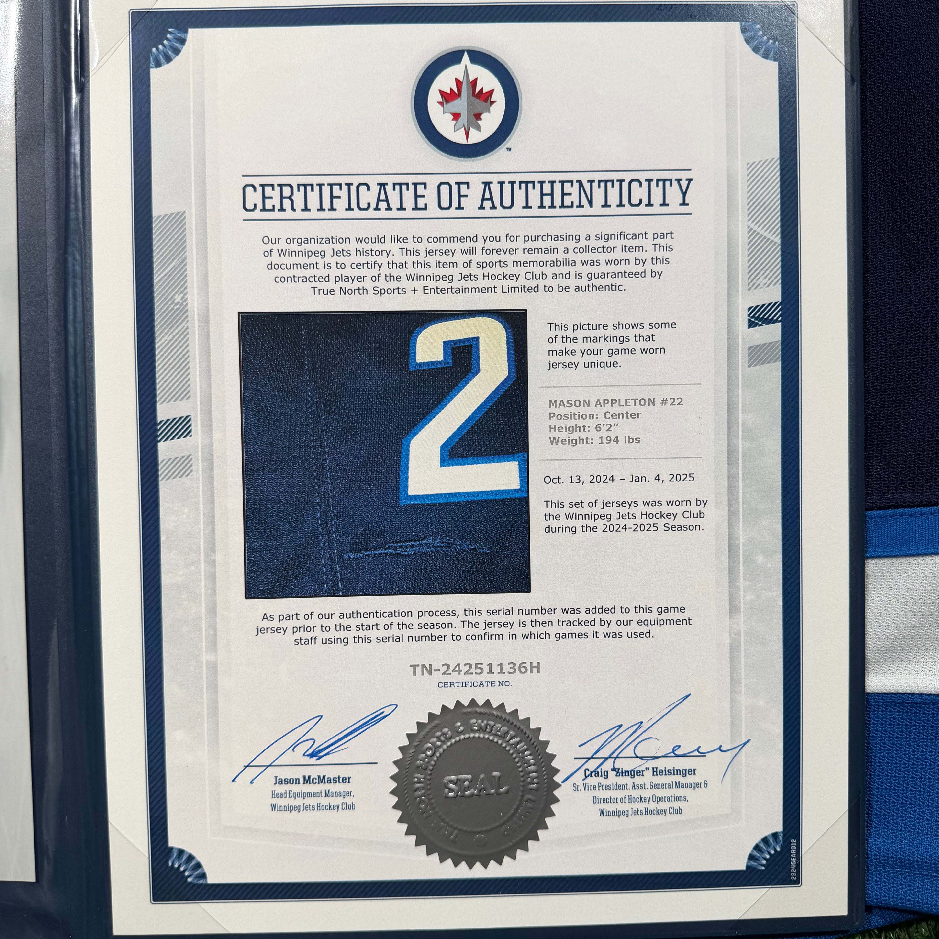 Mason Appleton Winnipeg Jets 2024/25 Game Worn Fanatics NHL Jersey COA
