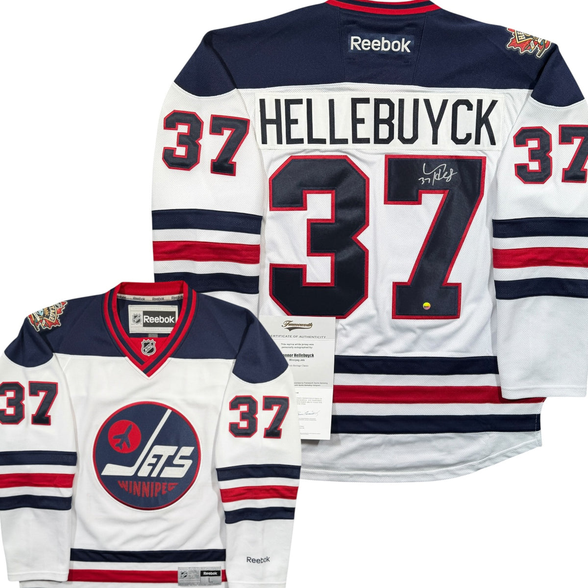 Connor Hellebuyck Winnipeg Jets 2016 Heritage Classic Signed Reebok NHL Jersey - Large
