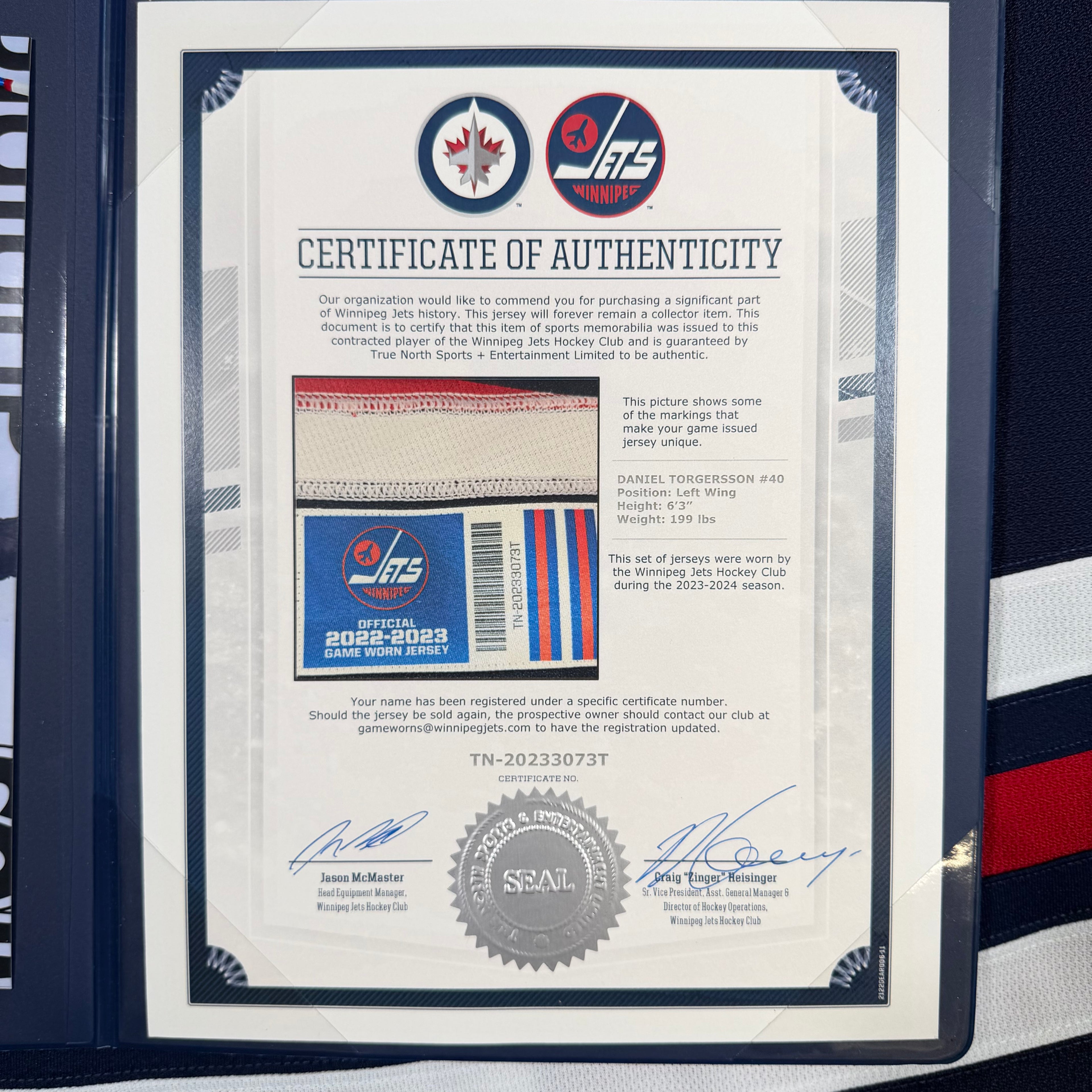 Daniel Torgersson Winnipeg Jets 2022/23 Heritage Alternate Adidas Game Issued Jersey COA