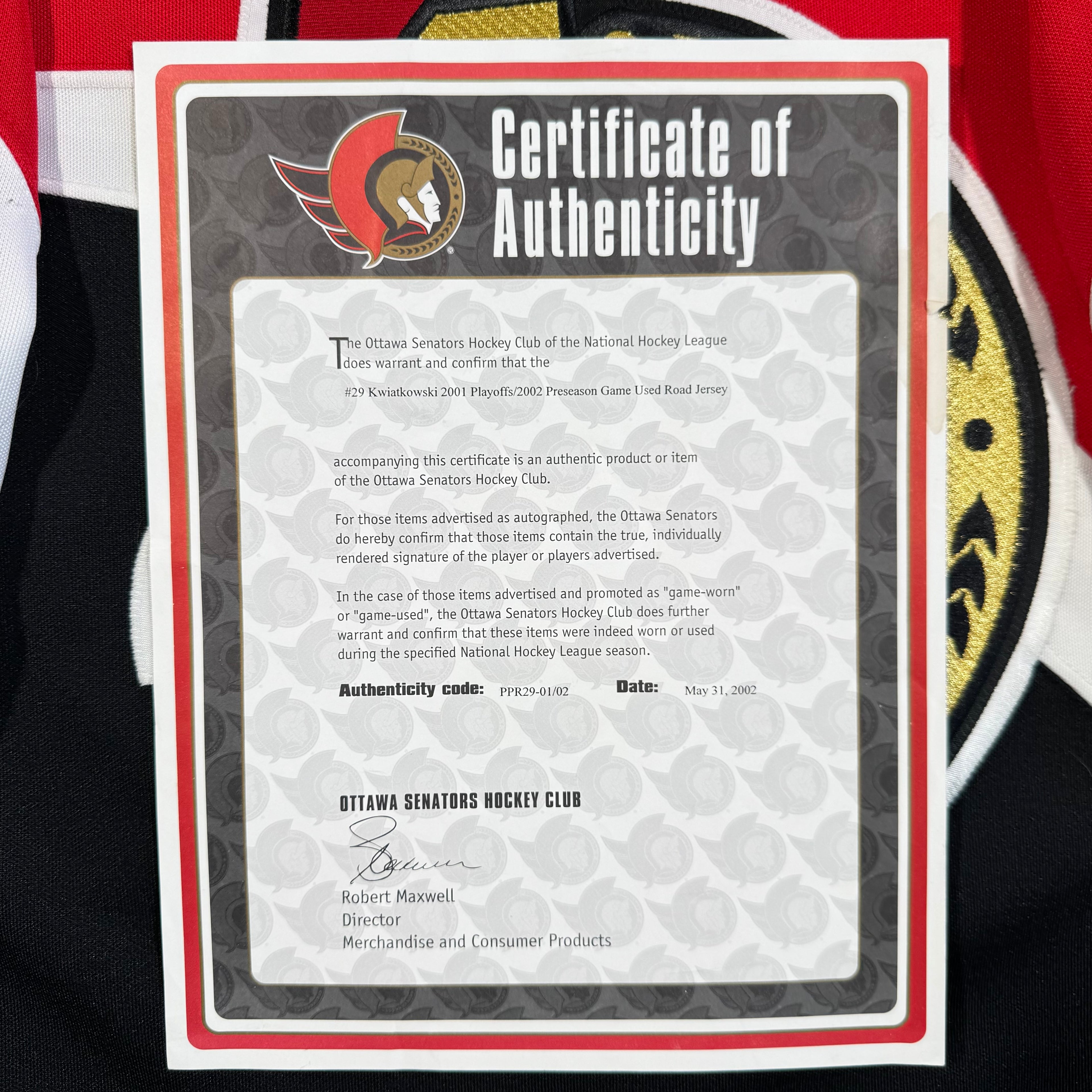 Joel Kwiatkowski Ottawa Senators 2001 Game Worn NHL Koho Jersey COA