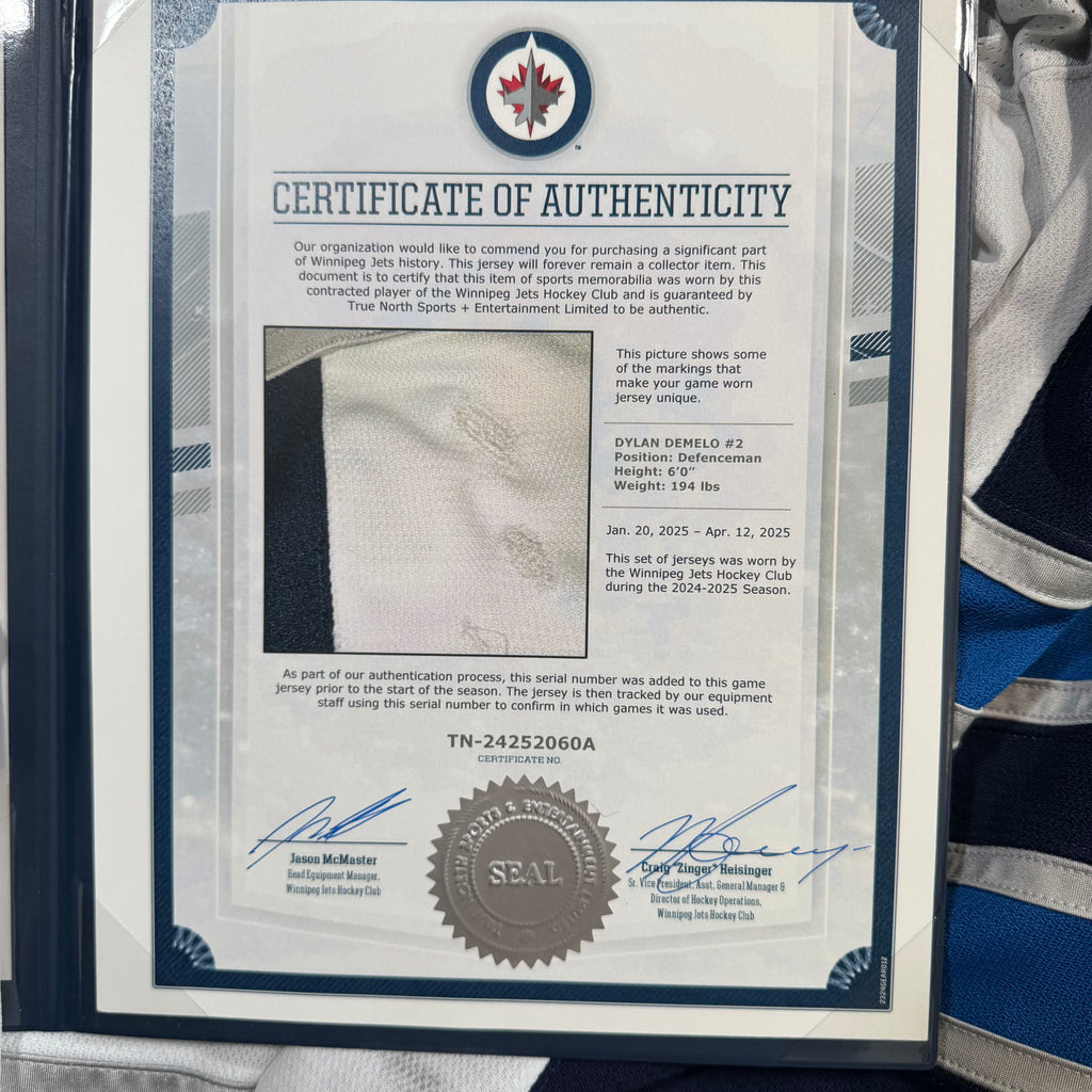 Dylan DeMelo Winnipeg Jets 2024/25 Game Worn Fanatics NHL Jersey COA