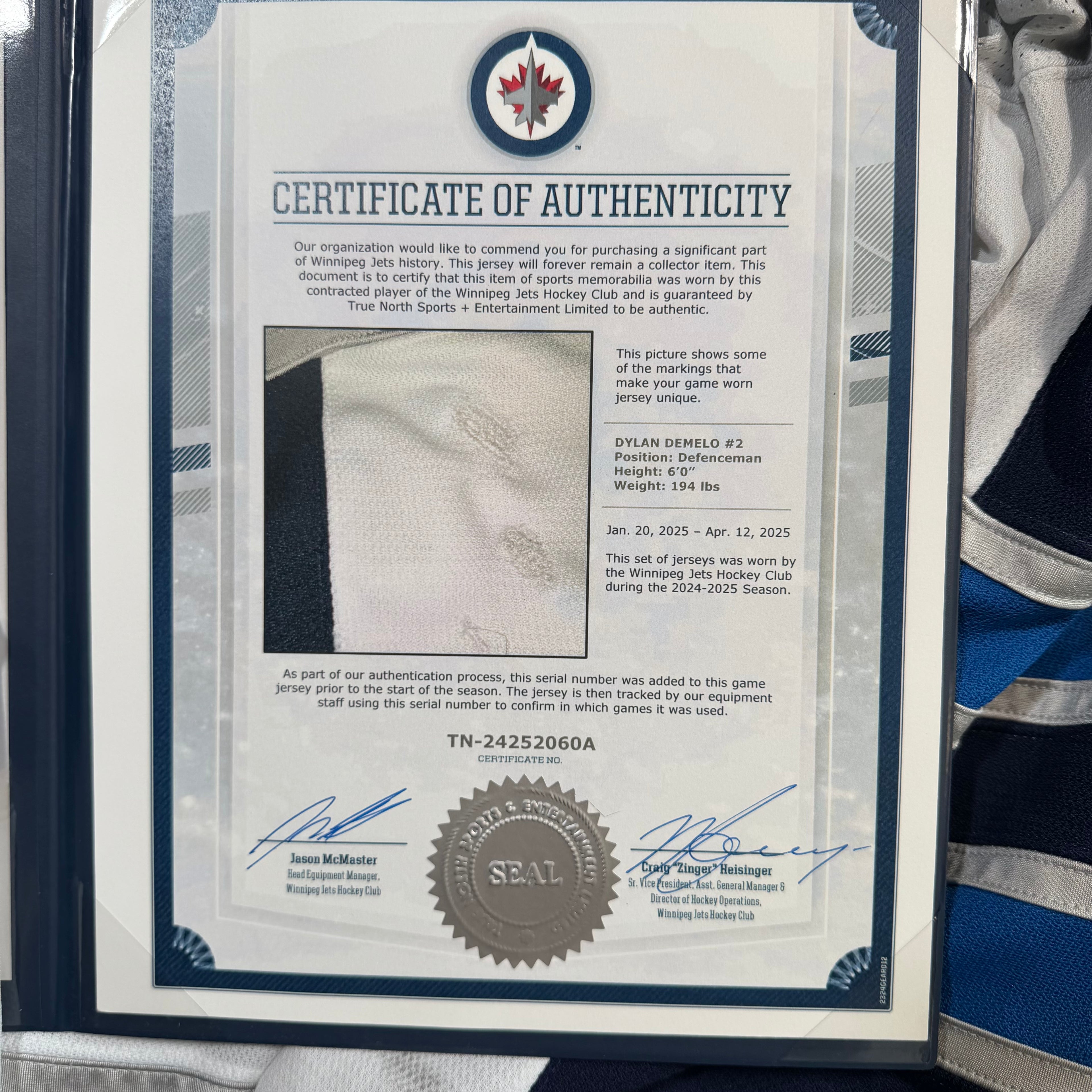 Dylan DeMelo Winnipeg Jets 2024/25 Game Worn Fanatics NHL Jersey COA