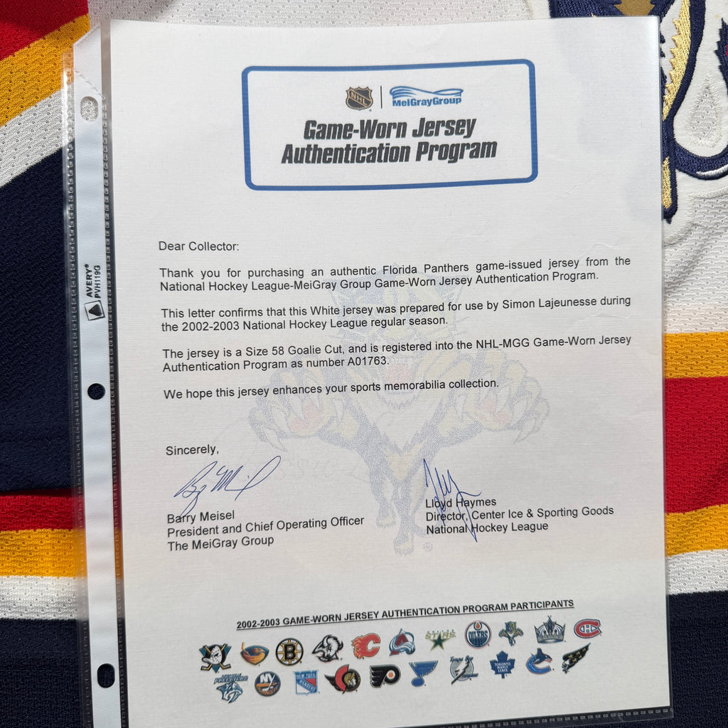 Simon Lajeunesse Florida Panthers 2002/03 Game Issued CCM NHL Jersey COA