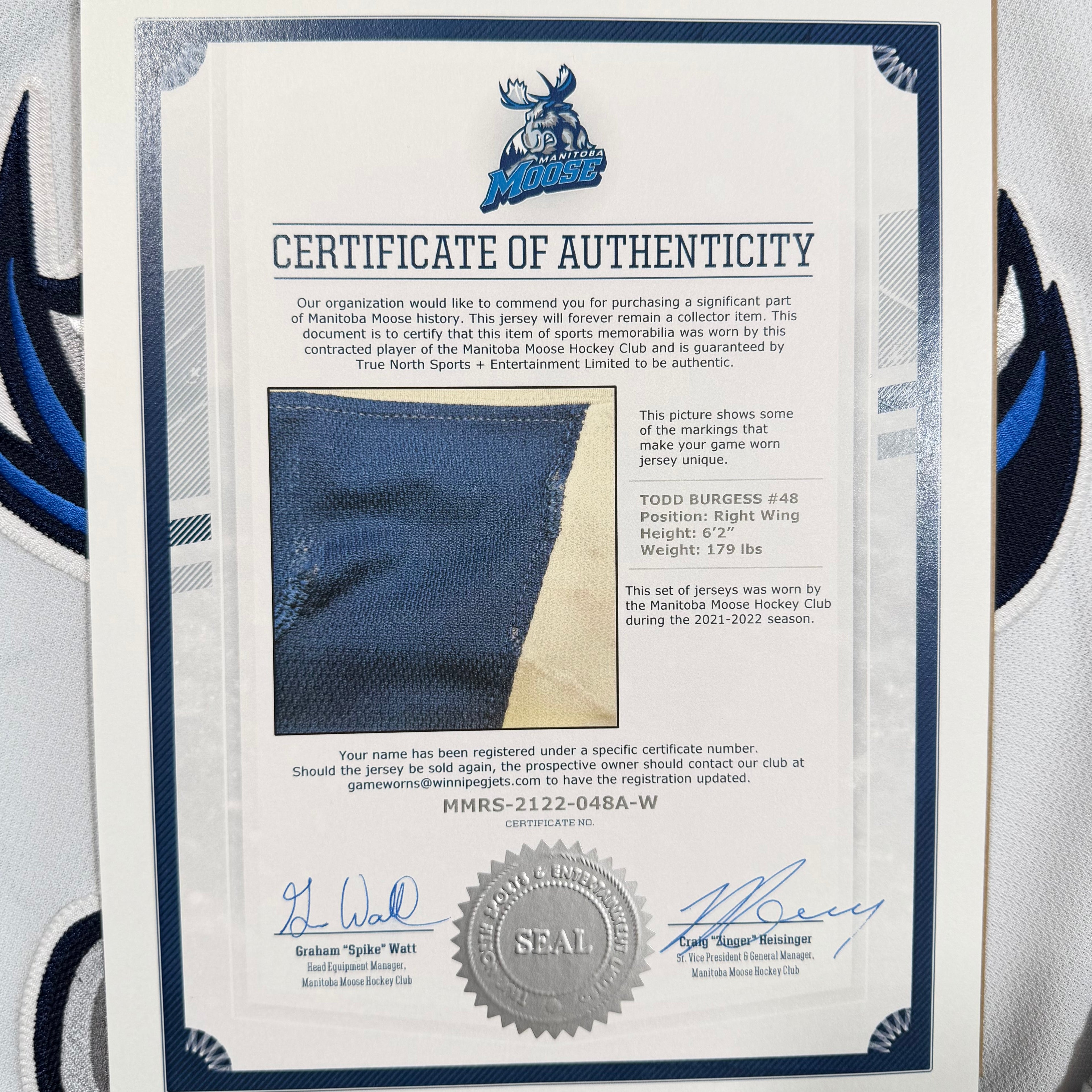 Todd Burgess Manitoba Moose 2021/22 Game Worn AHL CCM Jersey COA
