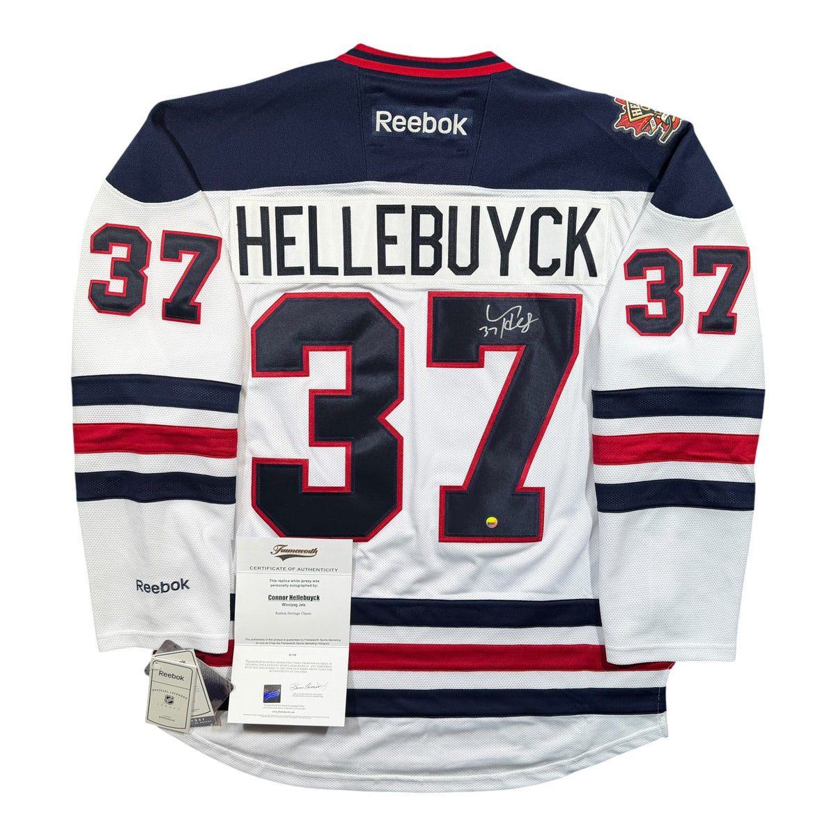 Connor Hellebuyck Winnipeg Jets 2016 Heritage Classic Signed Reebok NHL Jersey - Large