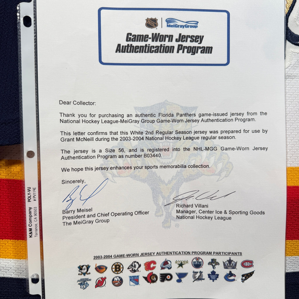 Grant McNeill Florida Panthers 2003/04 Game Issued CCM NHL Jersey COA