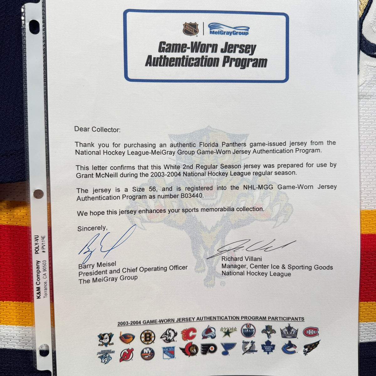 Grant McNeill Florida Panthers 2003/04 Game Issued CCM NHL Jersey COA