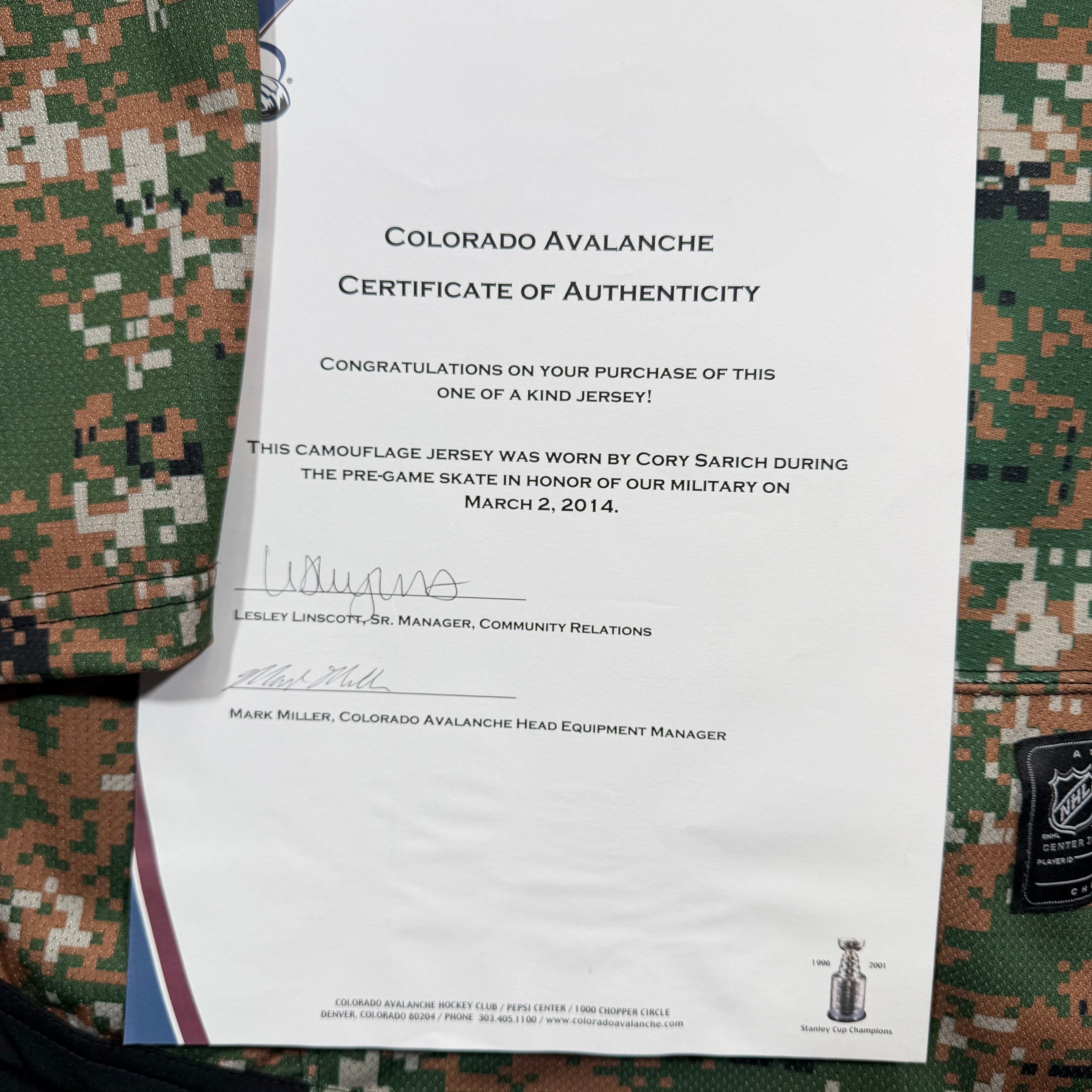 Cory Sarich Colorado Avalanche 2014 Military Appreciation Game Worn NHL Jersey COA