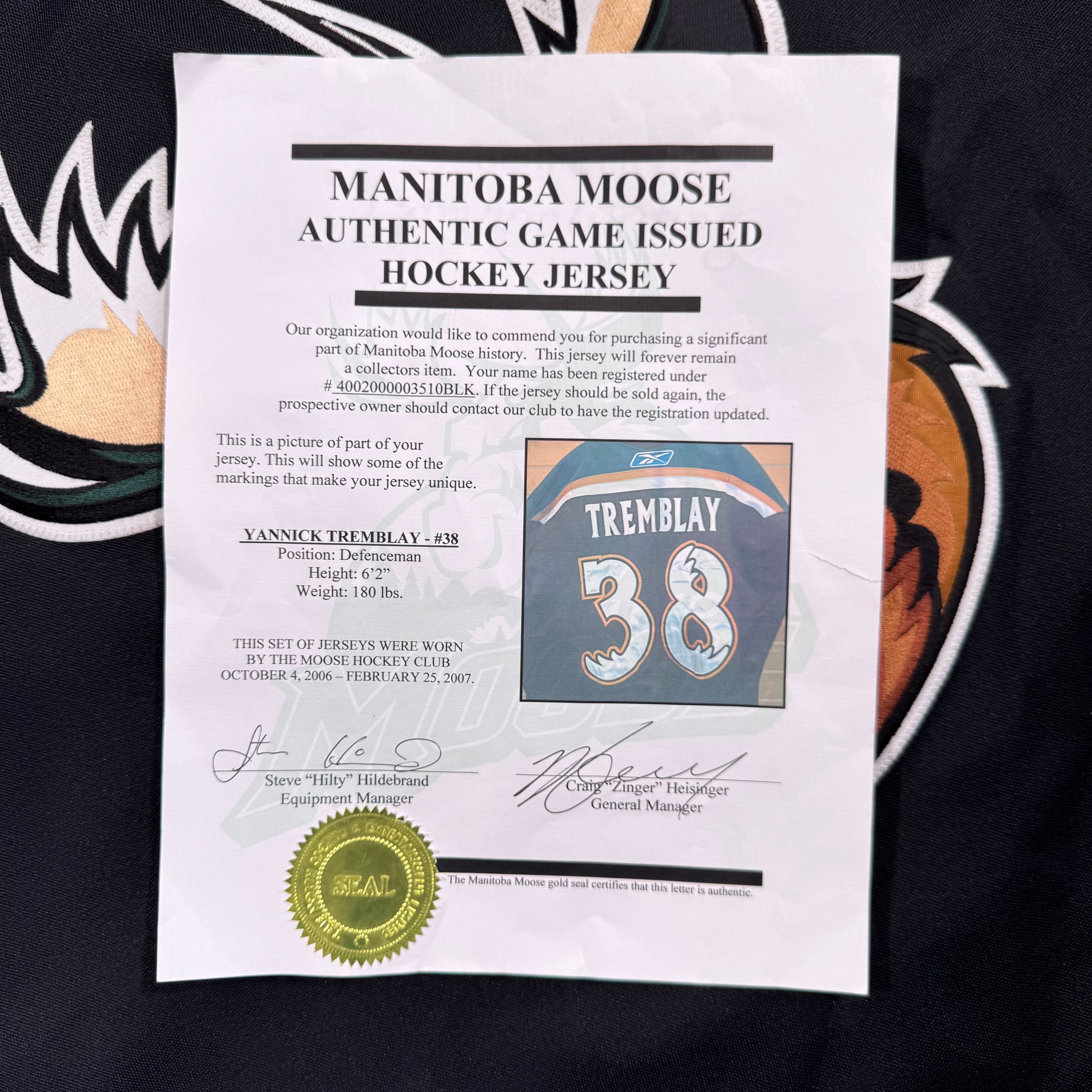 Yannick Tremblay Manitoba Moose Game Issued 2006/07 AHL Reebok Jersey COA
