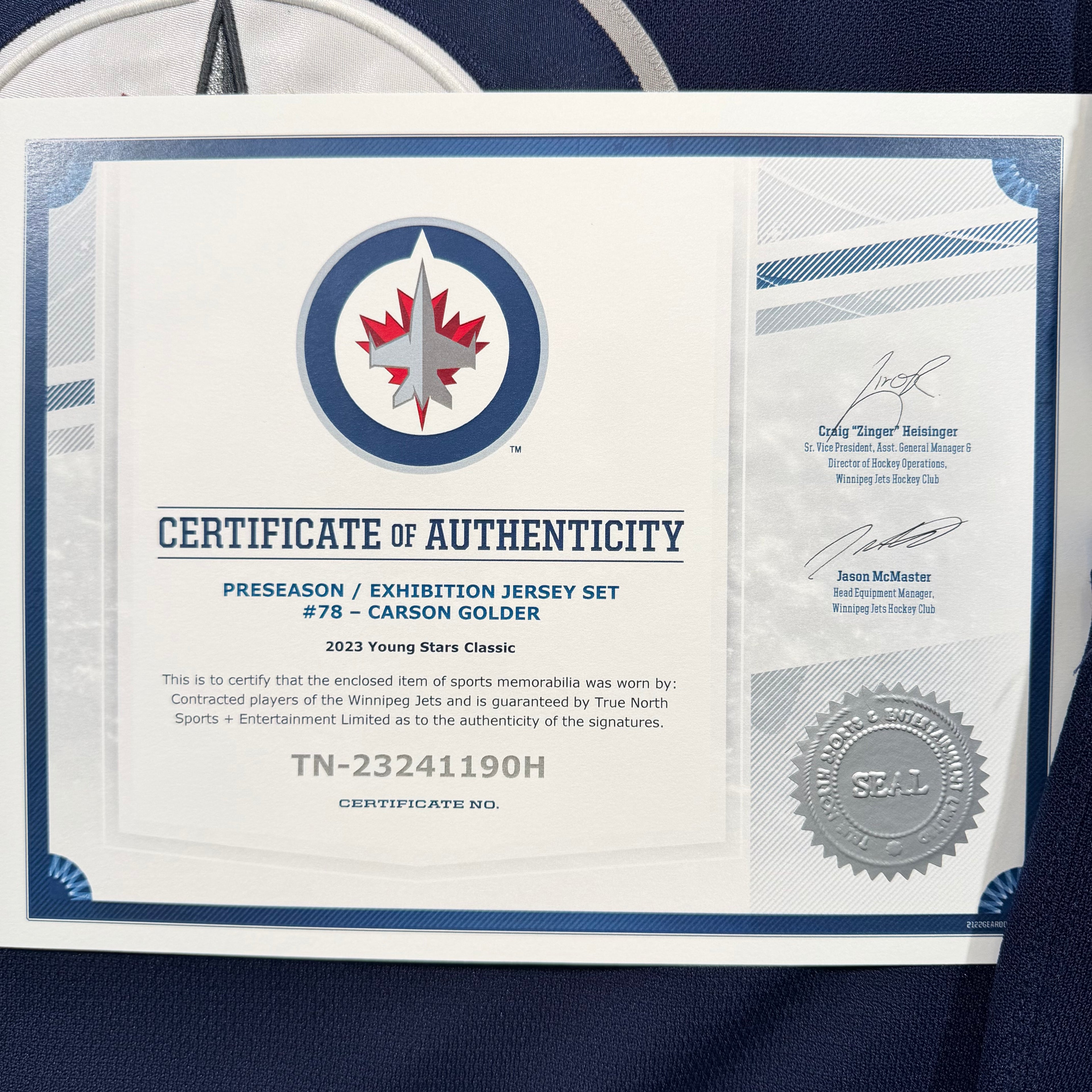 Carson Golder Winnipeg Jets 2023/24 Pre Season Game Worn Adidas MIC Jersey - 56/XXL