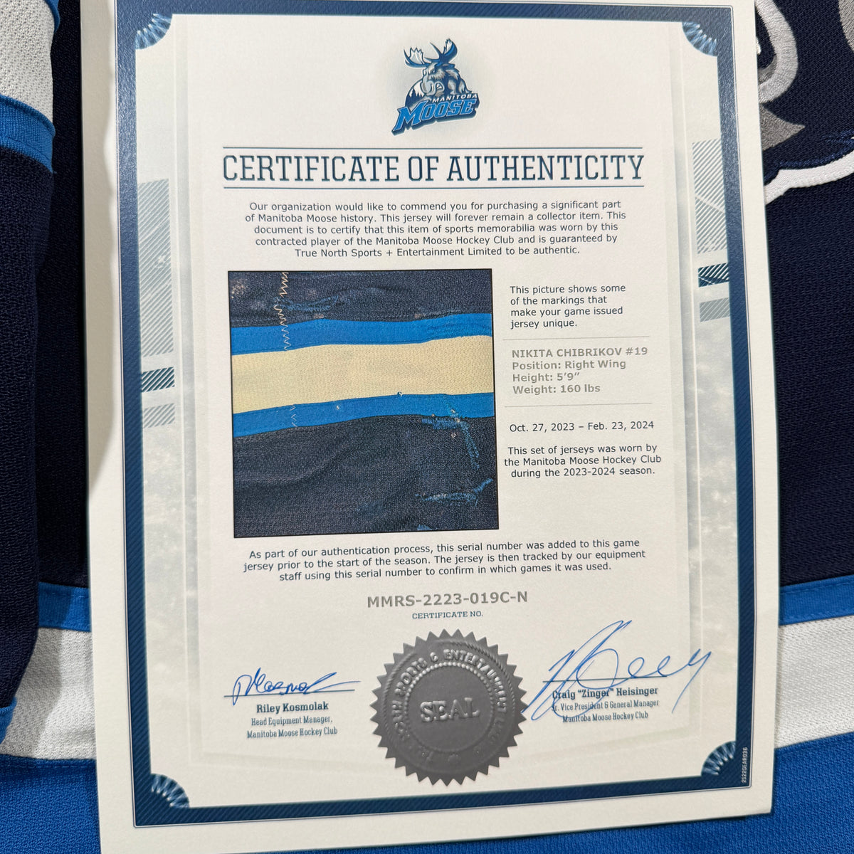 Nikita Chibrikov Manitoba Moose 2023/24 Game Worn CCM AHL Jersey COA